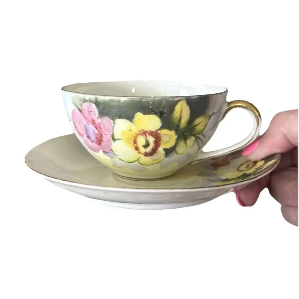 Antique Bayreuth Bone China Yellow Floral Handpainted Tea Cup & Saucer Gold Trim